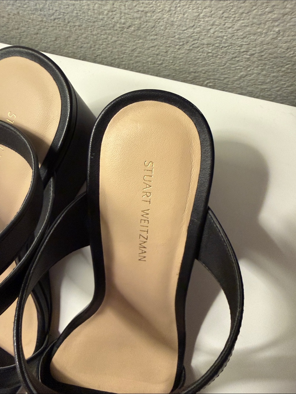 Stuart Weitzman Black Avenue 75 Leather Wedge Sandal 7.5 - Picture 7 of 12